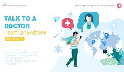 Medical service, global diagnostics. A male consultant is working on a mobile application for medical services. Web page design for online services, healthcare. People, workers. Vector illustration