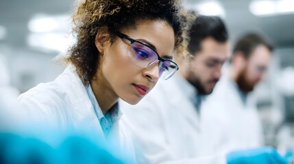 Diverse scientists collaborate on research in a modern laboratory