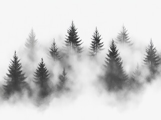 Fototapeta premium The watercolor painting depicts a landscape of a mountain shrouded in fog with a branch, reminiscent of Asian art styles