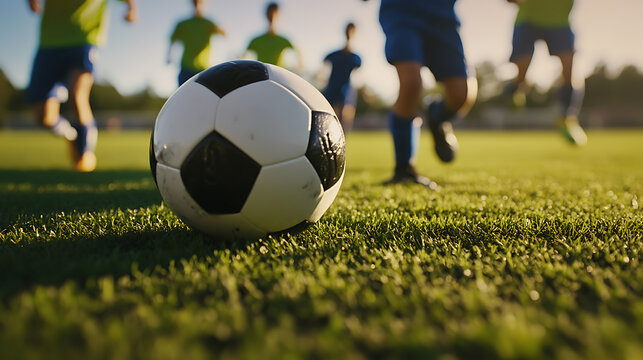A soccer ball rests on lush green grass, bathed in the warm glow of sunlight, while players in motion create a dynamic background. The essence of sports and outdoor activity.