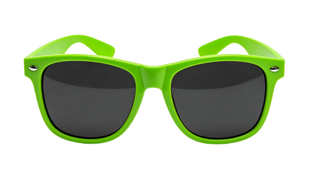 Bright green, classic-framed sunglasses with dark lenses against a stark black background
