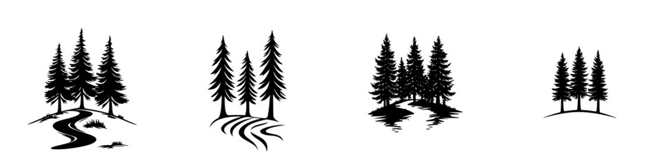 Fototapeta premium Different styles of silhouette trees and paths set against a plain background