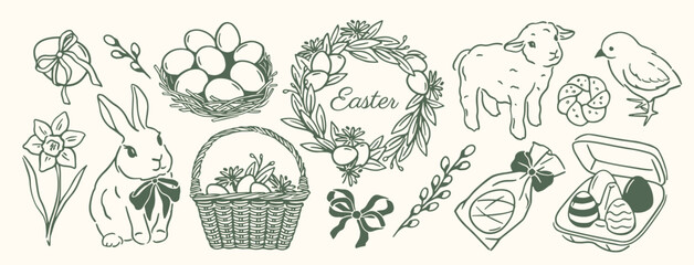 Happy Easter Sketch Set. Village rustic doodle icons with bunny, Easter eggs, spring flowers, cute chick and lamb. Design for postcard. Hand drawn vector illustration collection