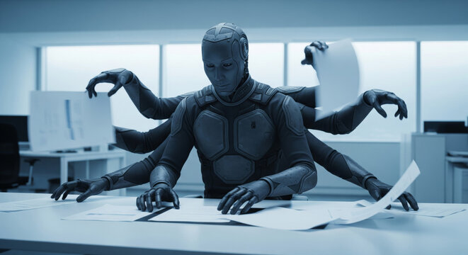 A humanoid hacker robot hacks and steals secret data, and an android robot replaces an entire team of people in terms of work capacity.