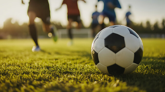 A soccer ball sits on a lush green field, with players blurred in the background, creating a dynamic scene of teamwork and sport. Focus on ball and the game.