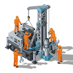 Industrial workers assembling drilling equipment flat vector illustration