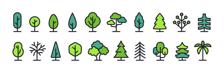 Tree line icon set. Symbols and signs with geometric forest trees, spruce, palm, oak and aspen with branches. Editable stroke. Outline Flat vector illustration collection