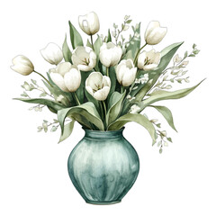 Elegant Watercolor White Tulips in a Blue Vase Clipart
