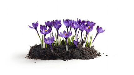 A delightful studio shot showcasing a cluster of vibrant purple crocus flowers with bright orange stamens, freshly sprouted from rich dark soil, elegantly arranged against a clean white background, sy