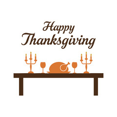 Thanksgiving Dinner Table Turkey Candle Wine Flat Vector Design