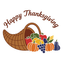 Happy Thanksgiving Cornucopia Harvest Basket Vector Illustration