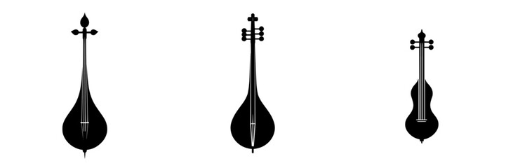 Illustration of traditional string instruments from different cultures displayed in a vertical arrangement