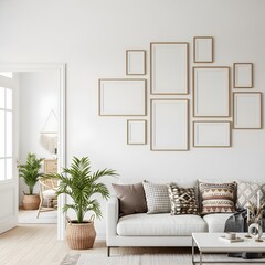 Fototapeta premium Modern Scandinavian Living Room Interior with White Sofa, Blank Wooden Frames, and Green Plants – Minimalist Boho Home Decor Mockup for Design, Branding, and Lifestyle Content 