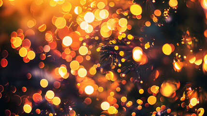 Abstract warm bokeh lights background with glowing golden circles and blurred festive atmosphere