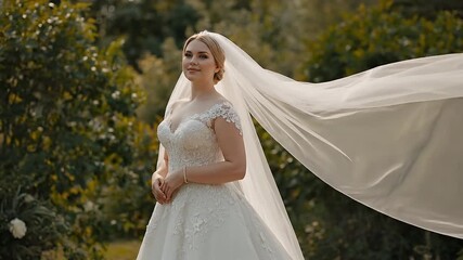 Serene bride in elegant white lace wedding dress with a long, flowing veil, capturing her joyous moment in a lush outdoor garden