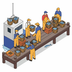 Isometric Illustration Fisherman Loading Fresh Catch Fish at Harbor Dock