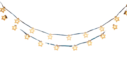 A string of glowing golden star shaped fairy lights forming a gentle curve against a dark background isolated on transparent background