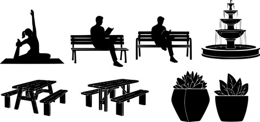 Urban Park & Public Green Space Black Silhouette Vector Set: Leisure People, Water Fountain, Picnic Table, and Urban Planters for City Lifestyle.