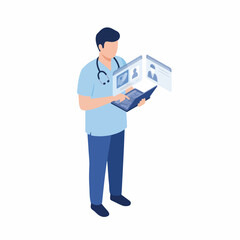 Isometric Professional Doctor Examining Medical Records and Diagnostics Chart Illustration