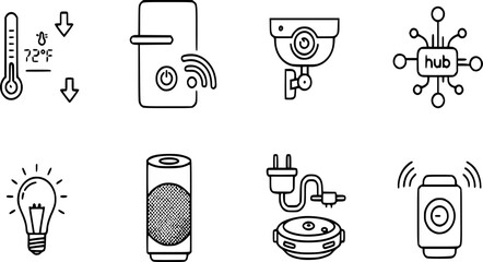 Smart Home & IoT Device Black Silhouette Line Icon Set: Smart Thermostat, Security Camera, WiFi Lock, and Smart Speaker Line Art Vectors.
