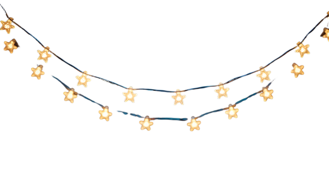 A string of glowing golden star shaped fairy lights forming a gentle curve against a dark background isolated on transparent background