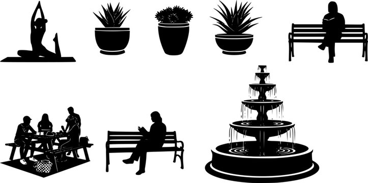 Urban Park & Public Green Space Black Silhouette Vector Set: Leisure People, Water Fountain, Picnic Table, and Urban Planters for City Lifestyle.