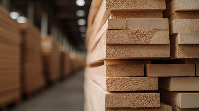 Neatly stacked lumber awaits processing, showcasing the natural grain of the wood. The warm tones and organized composition highlight the beauty and order of the wood materials.