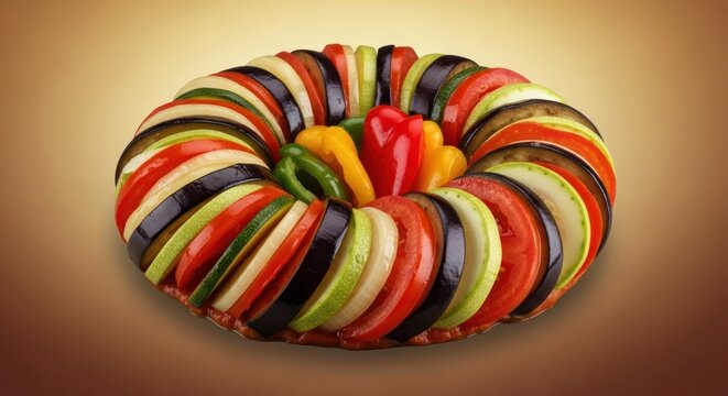 A vibrant ratatouille crown with layers of sliced colorful vegetables