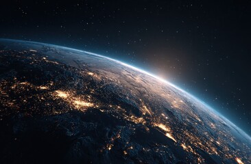 Obraz premium Planet earth view from space with city lights and sunrise