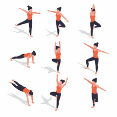 Isometric Detailed Woman Practicing Different Asanas in Yoga Poses Illustration Set
