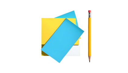 Stacked sticky notes in yellow, blue & white, alongside a yellow pencil with pink eraser, black background