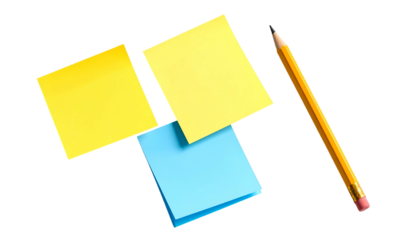 Three colored sticky notes and a sharpened pencil lay against a black background