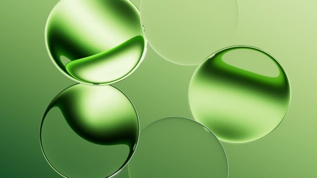 cycled 3d animation. Abstract minimalist green aesthetic background. Levitating round glass lenses float on air, arranged in the shape of a flower, spin and rotate like a kaleidoscope