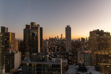 Scenic aerial panoramic Chelsea, Soho, and Downtown vista at sunset, Manhattan, New York City	