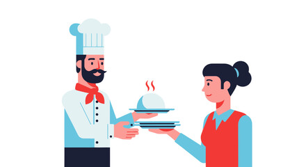 Chef Delivering Food To A Waitress In A Restaurant, Dining And Food Service Illustration