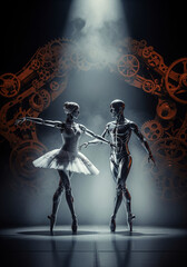 A robotic ballerina dances against the backdrop of old mechanisms, a new age of robotic humanoids.