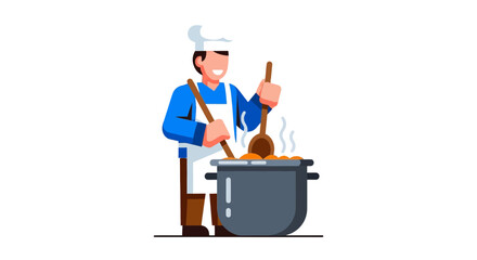 Chef Prepares Food In A Large Cooking Pot Deliciously With A Wooden Spoon