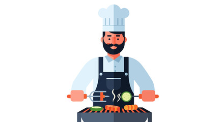 Chef Prepares Dinner on a Grill with Vegetables and Meat for Grilling