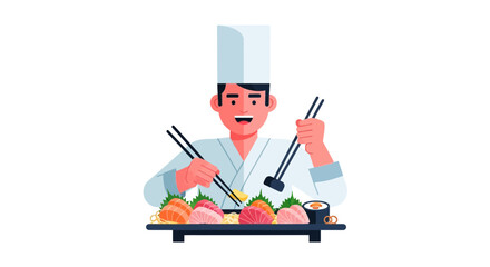 Chef Prepares Fresh Sushi Delights on a Dark Background with Chopsticks and Elegance