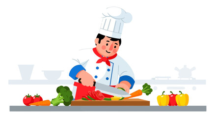 Chef Preparing Fresh Vegetables For Cooking In Kitchen Digital Illustration Of Food