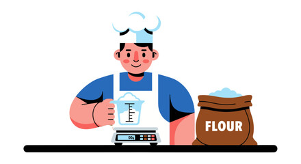 Chef Preparing Ingredients For Baking Process With Measuring Tools And Flour Bag