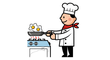 Chef Preparing Omelet For Breakfast, Cartoon Illustration With Isolated Black Background