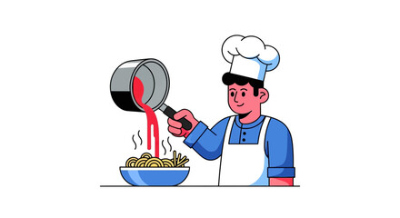 Chef Preparing Pasta Dish With Red Sauce For Italian Cuisine Illustration