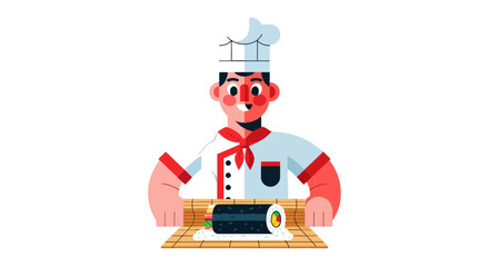 Chef Preparing Sushi Roll, Japanese Cuisine Illustration, Delicious Food on Black Background