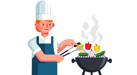 Chef Preparing Vegetables On A Charcoal Grill In A Digital Flat Style Illustration