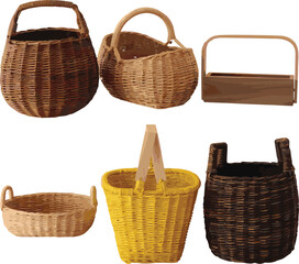 Obraz premium Collection of six woven baskets in various shapes sizes and natural earthy tones wicker container