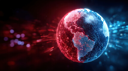 Digital globe neon map data network world glowing in red and blue dots, futuristic connectivity visualization conveying urgency and innovation in global communication