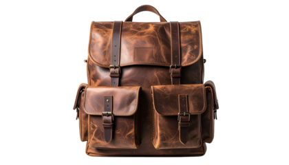 A full front view of a worn, leather backpack with multiple pockets and straps