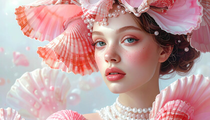 Elegant woman in seashell headdress and pearls, fantasy portrait, A beautiful young woman is adorned with a delicate seashell headdress, creating a captivating and ethereal portrait