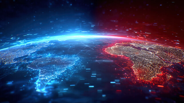 Neon world map glowing in blue and red lines over digital globe, network nodes and light points connect continents creating futuristic data flow and global connectivity energy
